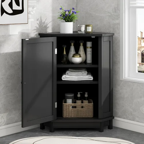 Miniatura 3 de Armario de almacenamiento de esquina para el hogar, gabinete de piso triangular para baño, gabinete de esquina independiente de madera con puerta