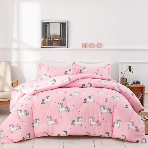 Miniatura 3 de Uozzi Bedding Bed in a Bag - Juego de edredón reversible de 7 piezas, tamaño Queen, color rosa unicornio con estrella arcoíris, microfibra suave