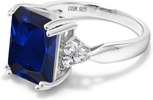 Miniatura 4 de Gem Stone King Anillo de compromiso con piedra natal de 5-10 quilates para mujer, plata de ley 925, corte esmeralda de 0.47 x 0.394 pulgadas, anillo