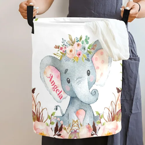Miniatura 4 de Cestas de lavandería personalizadas con diseño de elefante y flores rosas con nombre, cestas de almacenamiento plegables con asas para playa y Multi