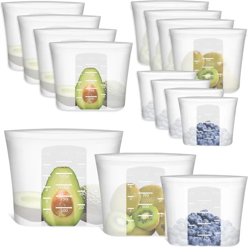Miniatura 18 de Bolsas de Alimentos Reutilizables, Paquete de 12 Bolsas de Almacenamiento de Alimentos 100% Silicona que se Mantienen de Pie con Cierre Hermético