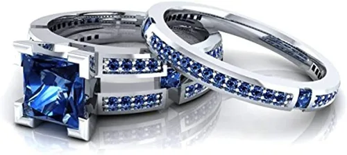 Miniatura 3 de Juego de anillos de compromiso de boda de zafiro azul creado princesa y redondo para mujer, plata de ley 925 chapada en oro blanco de 14 quilates