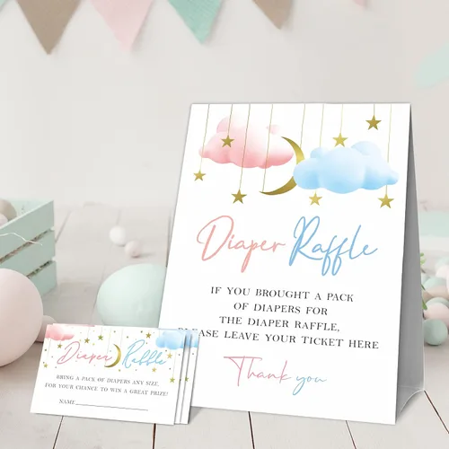 Miniatura 2 de Juegos de baby shower, 1 letrero de pie para rifas de pañales con 50 boletos para rifas de pañales, estrellita centelleante, luna dorada