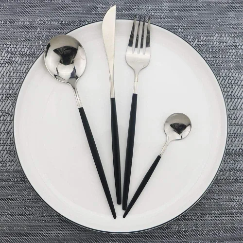 Miniatura 5 de JASHII Juego de cubiertos negros y plateados, cubiertos de acero inoxidable con acabado satinado, 20 piezas, utensilios de cocina, cubiertos pulidos