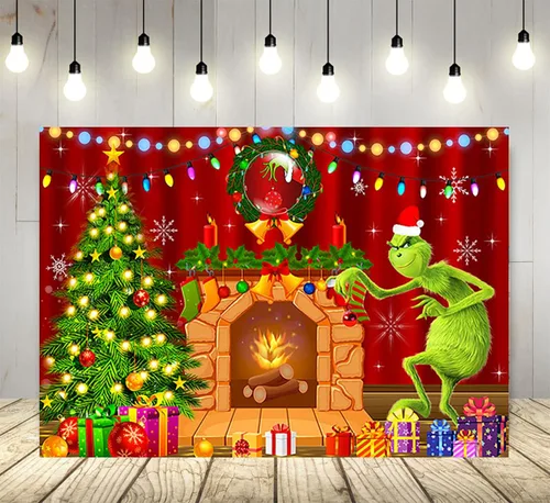 Fondo de chimenea de dibujos animados para suministros de fiesta de Navidad, 5 x 3 pies, fondo de fotos de Navidad de Grinch, telón de fondo de