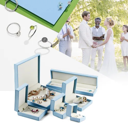 Miniatura 2 de Oirlv Caja de anillos dobles de cuero azul para boda, propuesta, compromiso.