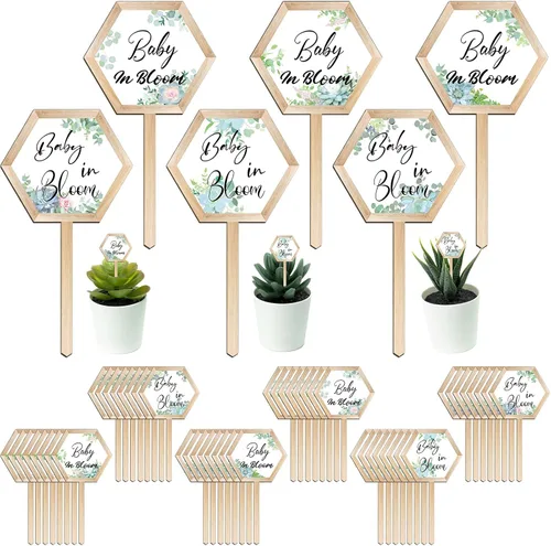48 etiquetas para suculentas Baby in Bloom para baby shower, etiquetas de estacas de plantas de madera, marcadores de plantas para marcadores de