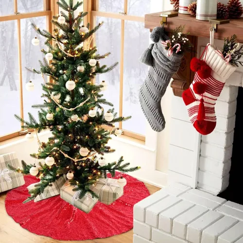 Miniatura 2 de Falda B-Cool de árbol, con lentejuelas brillantes, diseño de árbol de Navidad, color oro rosa con lentejuelas hechas a mano, para el hogar, Rojo