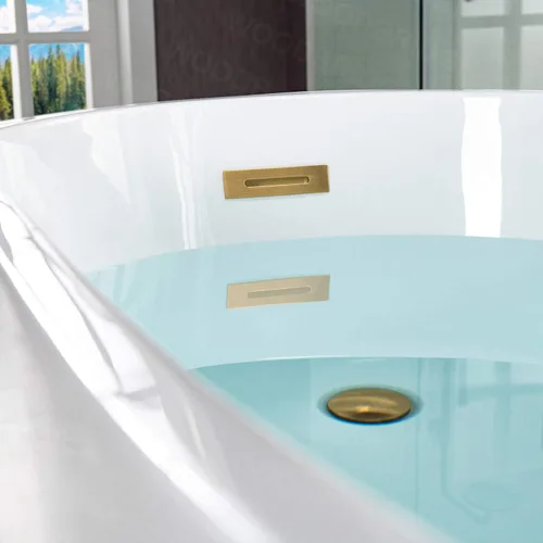 Miniatura 11 de WOODBRIDGE Bañera de remojo acílica blanca independiente de 67 pulgadas con almohada blanca, drenaje y desbordamiento en oro cepillado, BTA1508
