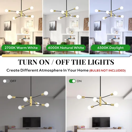 Miniatura 4 de Candelabros Sputnik Modernos para Comedor, Altura Ajustable Semi Empotrado Negro y Dorado Candelabro Lámpara de Techo Montaje 6 Luces Mediados