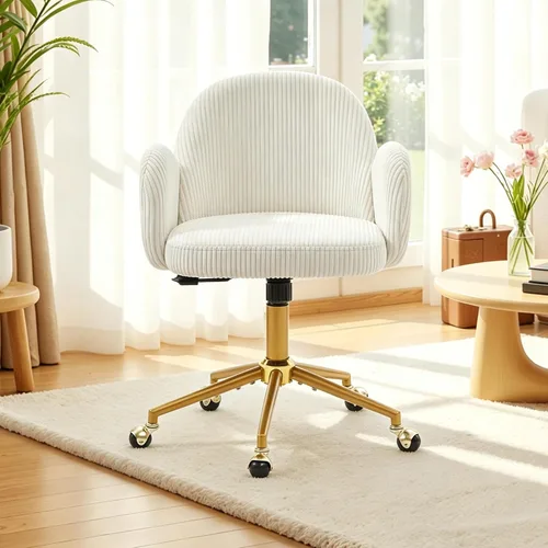 Miniatura 3 de Silla de tocador con ruedas, silla de tocador de pétalos con respaldo y patas de metal dorado entrecruzadas, silla de escritorio para oficina