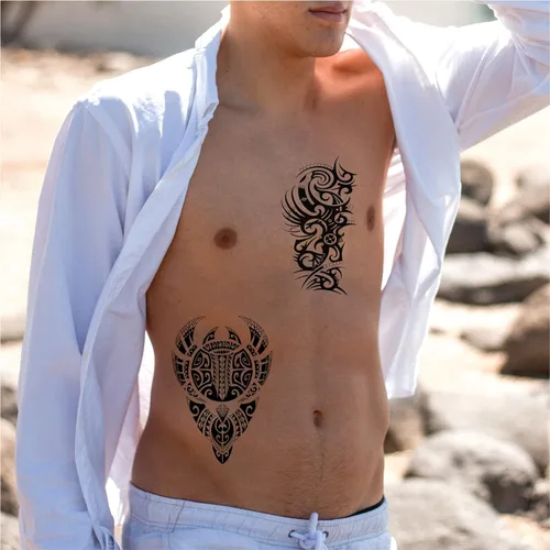 Miniatura 6 de Tótem tribal temporal para hombres, tatuaje falso polinesio de tortuga hawaiana negra grande para hombres adultos, de larga duración, realista