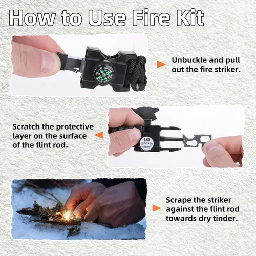 Miniatura 6 de Pulsera de cuerda de paracaídas de supervivencia ajustable, paquete de 2 kits de inicio de fuego de emergencia con silbato fuerte, brújula, luz