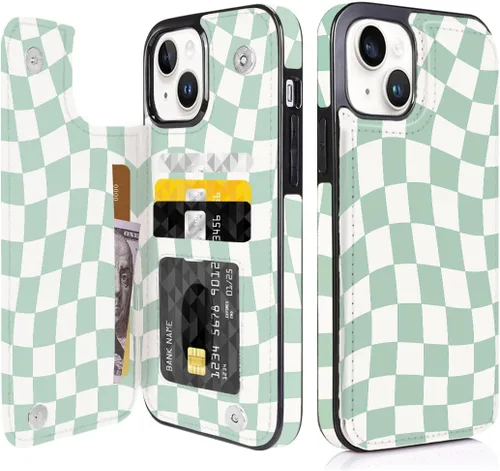 Miniatura 22 de Funda compatible con iPhone 14/15 con tarjetero y ranuras integradas de piel sintética con función atril y a prueba de golpes para iPhone 14/15