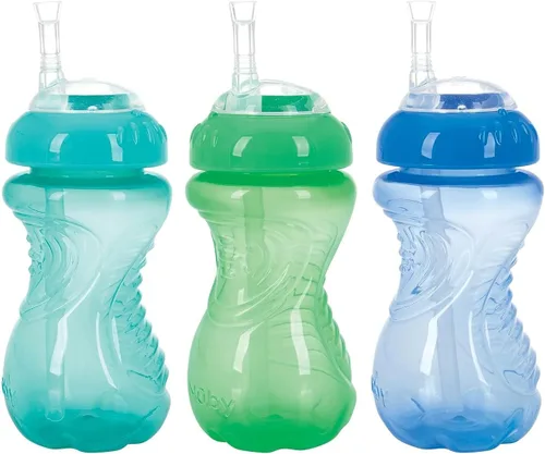 Nuby Paquete de 3 vasos antiderrames con popote flexible para niños pequeños, a prueba de derrames, con agarre fácil y firme, verde, azul, aguamarina
