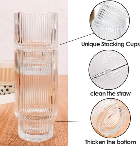 Miniatura 6 de Vasos acanalados para beber, estilo origami, juego de 4, cristalería vintage ondulada para cóctel, café, refrescos, jugo, cerveza