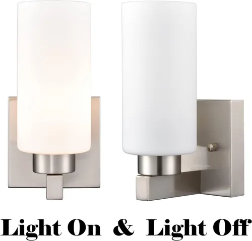 Miniatura 8 de DEYNITE Conjunto de dos apliques de pared modernos de níquel cepillado para baño con pantalla de vidrio cilíndrico blanco lechoso