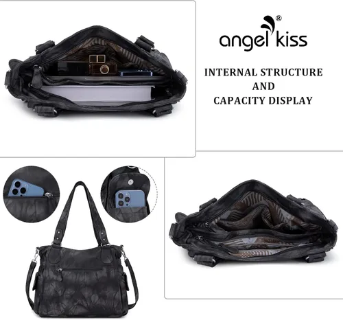 Miniatura 4 de Angel Kiss Bolsos para mujer con tiras en la parte superior, bolso estilo Hobo, bolsas de hombro espaciosas y casuales, cartera estilo Tote de PU