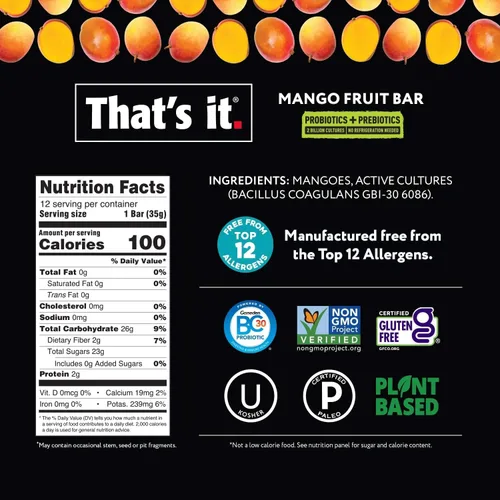 Miniatura 3 de Eso es todo. (Paquete de 12 unidades de mango) Barra de fruta probiótica, refuerzo de la inmunidad y apoyo a las culturas activas para promover