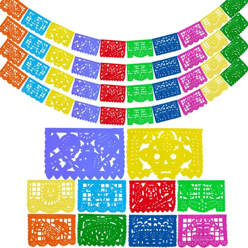 Miniatura 11 de Dia de los Muertos Papel Picado (PAPEL) – Decoración de fiesta del Día de Muertos (paquete de 4, 10 banderas por bandera) – Papel Picado Mexicano