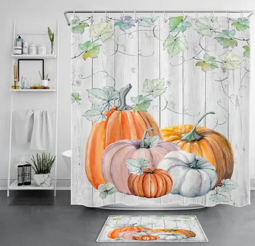 Miniatura 29 de LB Cortina de ducha de flores blancas y moradas para baño, lindo pájaro y hojas de otoño sobre tela beige con ganchos, juego botánico floral
