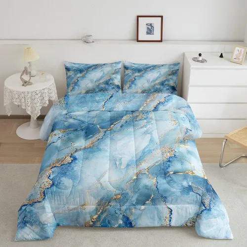 Miniatura 7 de Erosebridal Juego de edredón de mármol rosa dorado para niños y niñas, ropa de cama de mármol metálico, juegos de edredón de textura de mármol