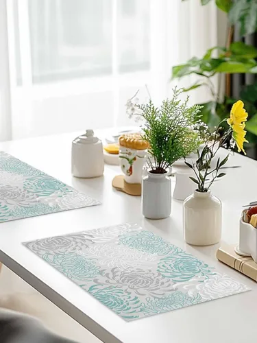 Miniatura 9 de Juego de 4 manteles individuales para mesa de comedor, diseño de crisantemo, color aguamarina, lino de algodón, impermeable, fácil de limpiar