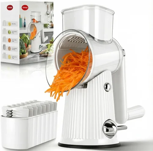 TOPAA Rallador Rotativo de Queso con Mango Triturador de Verduras con 5 Cuchillas, Rebanador Redondo Mandolina y Picadora de Alimentos para Cocina