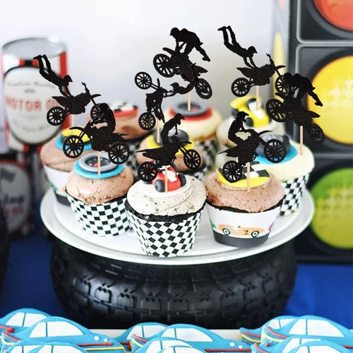 Miniatura 6 de 24 piezas de adornos para magdalenas de motocicleta, con purpurina negra, motocross, fiesta de motocross, para deportes, tema de motocross