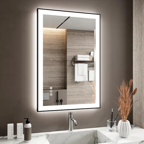 Miniatura 50 de Espejo de baño LED de 60x36 pulgadas con marco negro, espejos de baño retroiluminados y con luz frontal para pared, antiempañamiento, regulable