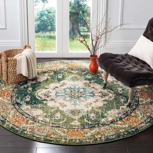Miniatura 11 de Safavieh Tapete decorativo de 2 pies 2 pulgadas x 4 pies de la colección Monaco, verde y celeste, diseño desgastado de medallón, no desprende
