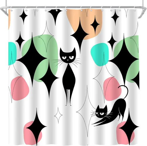 Miniatura 2 de Mid Century Black Cat Shower Curtain Modern Atomic Abstract Geometric Iconic Pattern Retro Black Kitty Animal 1950s 1960s Vintage Funny Teal Fabric
