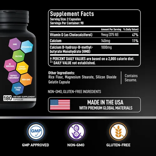 Miniatura 5 de HMB Suplemento de vitamina D3 – B-hidroxi b metilbutirato – 1000 mg HMB suplementos para hombres y mujeres – Fuerza muscular, apoyo