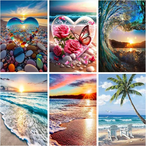 Mowana Kits de arte de diamantes de mar para adultos, paquete de 6 – Kits de pintura de diamantes de playa para adultos, escenas de naturaleza, arte
