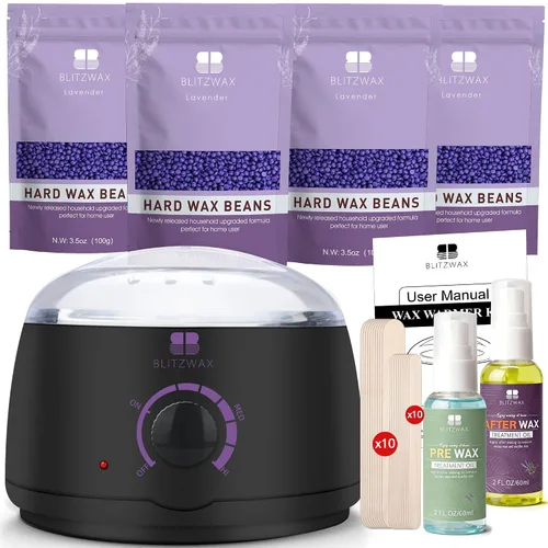 BLITZWAX Kit de depilación brasileña y bikini para mujer, calentador de cera dura para cara, piernas y cuerpo, kit de depilación en casa, apto para