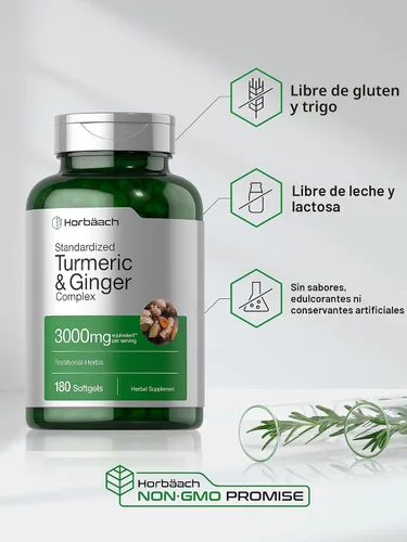 Miniatura 4 de Horbäach Suplemento de cúrcuma y jengibre 3000 mg 180 pastillas de gel blando con extracto de pimienta negra Suplemento sin OMG, sin gluten