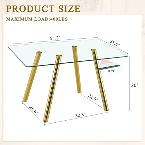 Miniatura 2 de Mesa de comedor de cristal de 51 pulgadas, mesa de comedor para 4-6, mesa de cocina dorada con patas de metal superior de vidrio templado