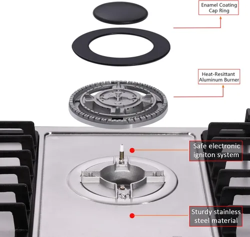 Miniatura 4 de Placa de cocina de gas de 30 pulgadas, 5 quemadores de alta eficiencia, estufa de gas de acero inoxidable, estufa de gas incorporada, encimera
