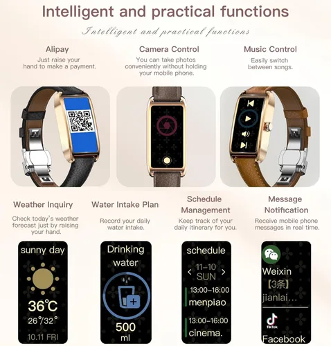 Miniatura 8 de Rastreador de actividad física para mujer, reloj de fitness para mujer, correa de cuero, funda de aleación, monitor de frecuencia cardíaca de lujo