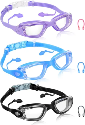 Miniatura 11 de Flutesan Paquete de 3 gafas de natación sin fugas, de silicona, antivaho con clip para la nariz, tapones para los oídos para adultos y niños, 3