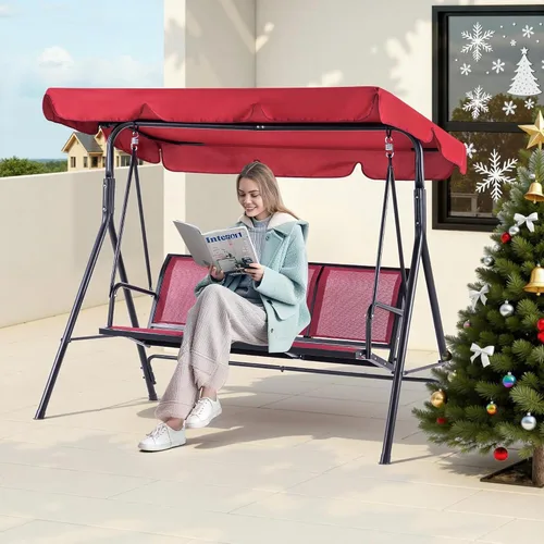 Miniatura 2 de Mcombo 4507 - Silla columpio para patio exterior, para 3 personas, con montura de acero, asientos de textilencia y toldo (color borgoña)