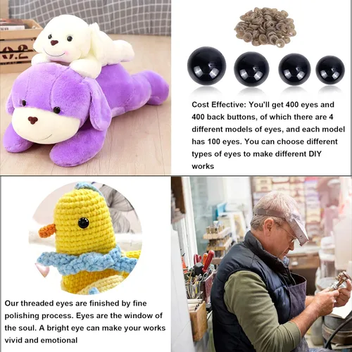 Miniatura 3 de UPINS 500 piezas de ojos de seguridad de plástico negro de 6 a 0.472 in con arandelas para manualidades de animales de ganchillo, proveedor