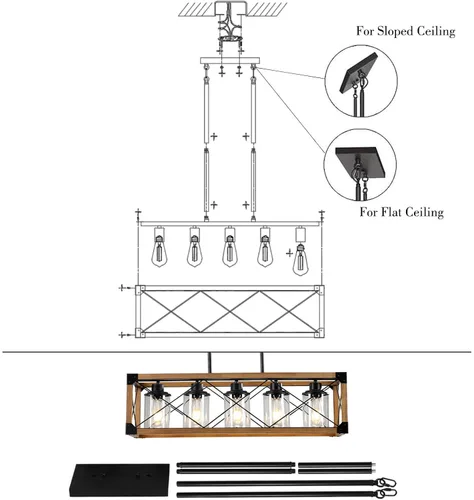Miniatura 8 de Lámparas colgantes rústicas de casa de campo, candelabros para comedor y cocina, accesorios de luz de isla de 5 luces, candelabro de madera sobre