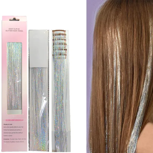 Miniatura 11 de Kit de oropel para el cabello, 18 colores de 48 pulgadas, extensiones de cabello de oropel de hadas resistentes al calor con herramientas, CC