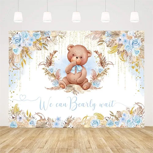 Miniatura 2 de AIBIIN Telón de fondo bohemio para baby shower de 10 x 7 pies para niño, We Can Bearly Wait Oh Baby Fotografía, flores azules, hierba bohemia
