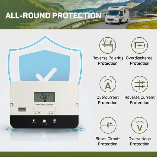 Miniatura 5 de HQST controlador de carga solar PWM, controlador de batería de panel solar de 20A con montaje empotrado, regulador inteligente automático de 12/24V
