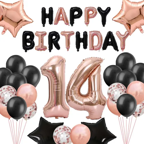 Miniatura 7 de Decoraciones de cumpleaños número 14: globos de papel de aluminio de estrella con el número 14 de oro rosa, confeti de látex para su fiesta
