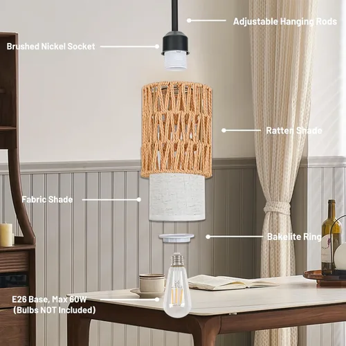 Miniatura 8 de Lámpara Colgante Boho Lámpara Colgante - Pantalla 2 en 1 de Ratán y Lino, Luminaria de Luces Colgantes Ajustables para Isla de Cocina, Comedor, Casa