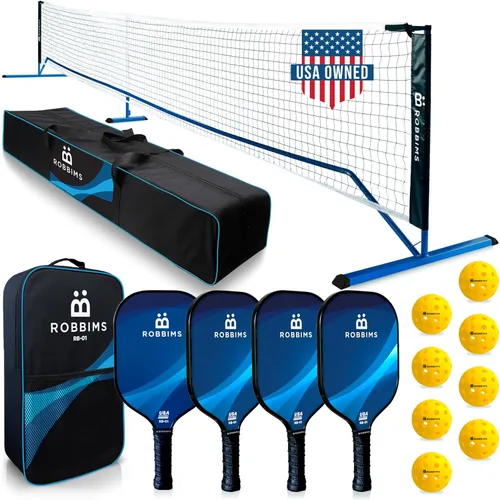 Juego de pickleball con red | 4 paletas de fibra de carbono aprobadas por Pickleball de Estados Unidos, sistema de red portátil de tamaño regulador,