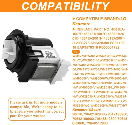 Miniatura 3 de Motor de bomba de drenaje de lavadora 4681EA2001T WM8000HVA WM8100HVA WM2077CW WM3260 WM3370HWA OEM para lavadoras LG y Kenmore WM3170CW WM2101HW